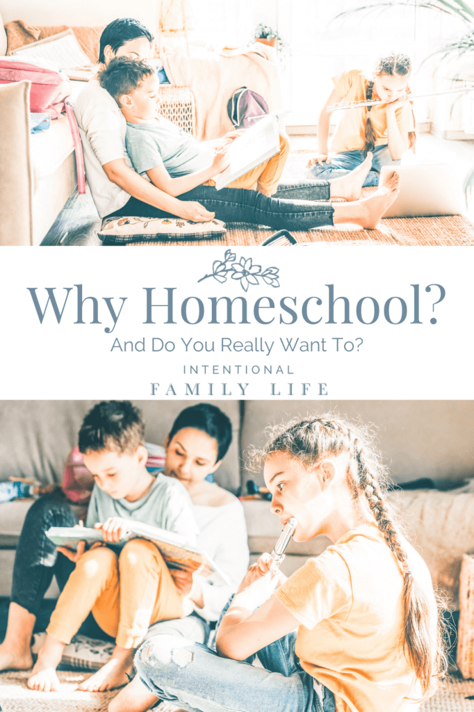 two similar images of happy mother comfortably on floor reading with son for school and daughter on sofa practicing her flute suggesting benefits of homeschool