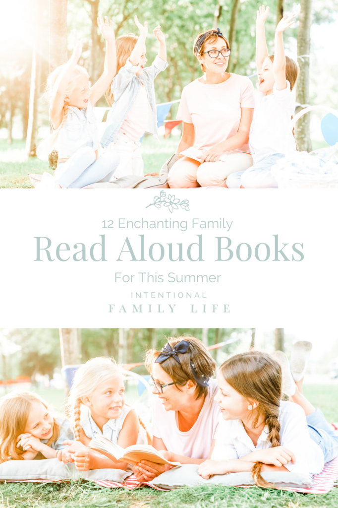 Two images of happy mother and three pretty daughters outside on picnic blanket reading outside in the sunshine - concept of read aloud books or books for summer