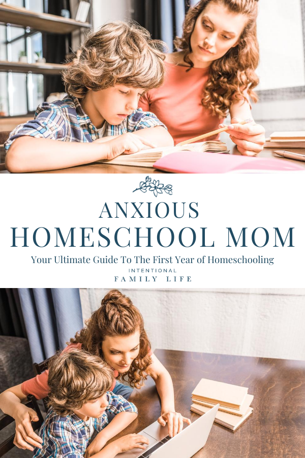 Two images of mother and son working together on homeschool work